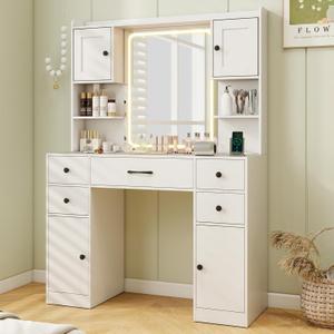 CHARMAID Vanity Desk with Mirror and Lights, White Makeup Vanity Desk with 5 Drawers, 4 Cabinet & 3 Shelves, Charging Station, 3 Color Lighting Modes, Vanity Dressing Table for Bedroom
