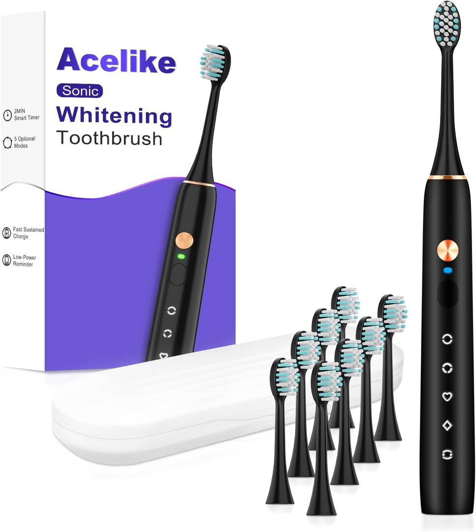 Whitening Electric Toothbrush for Adults and Kids, Rechargeable Toothbrush with 8 Brush Heads & Travel Case, 5 Modes & Smart Timer, 45000VPM Deep Clean, IPX7,One Fast Charge Last 120 Days - Black