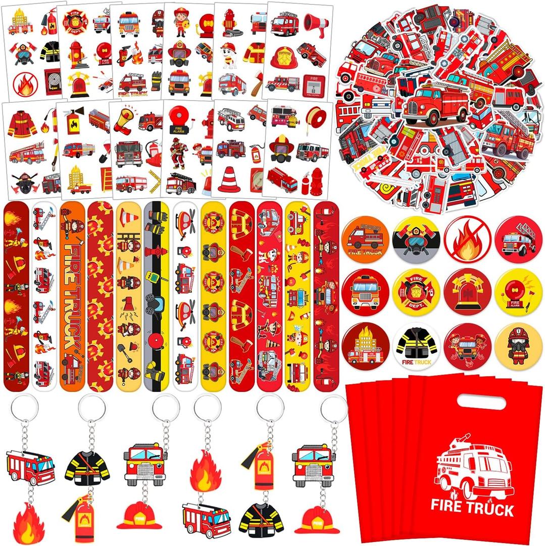 110 PCS Firetruck Party Favors, Fire Truck Temporary Tattoos Slap Bracelets Keychains Stickers Badges Goodie Bags for Fire Truck Birthday Party Decorations Supplies Gifts for Kids Classroom Rewards