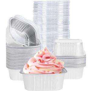 40 Pack Mini Cake Pans with Lids, 5oz Square Aluminum Foil Brownie Baking Cups, Muffin Tin Ramekins, Disposable Dessert Cupcake Cups for Wedding Birthday Party, White