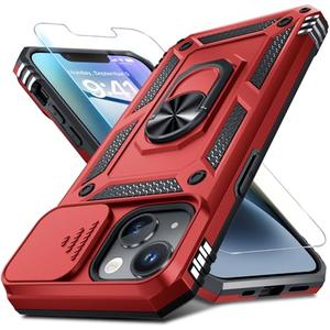 Janmitta Case for iPhone 11 Phone Cover Built in Slide Camera Lens Cover+Screen Protector,Heavy Duty Shockproof Full Body PhoneCase with Finger Ring Holder Kickstand,Red