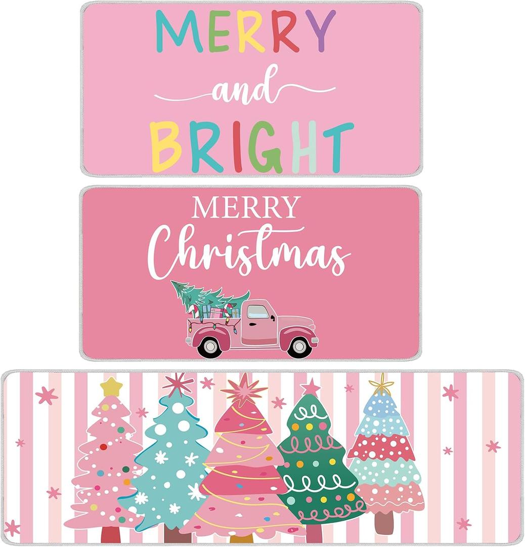 Dunzy 3 Pcs Watercolor Pink Merry Christmas Kitchen Rugs and Mats Set Winter Pink Striped Xmas Tree Stars Kitchen Floor Mats Merry and Bright Non Slip Bathroom Rug Decor for Holiday Decoration