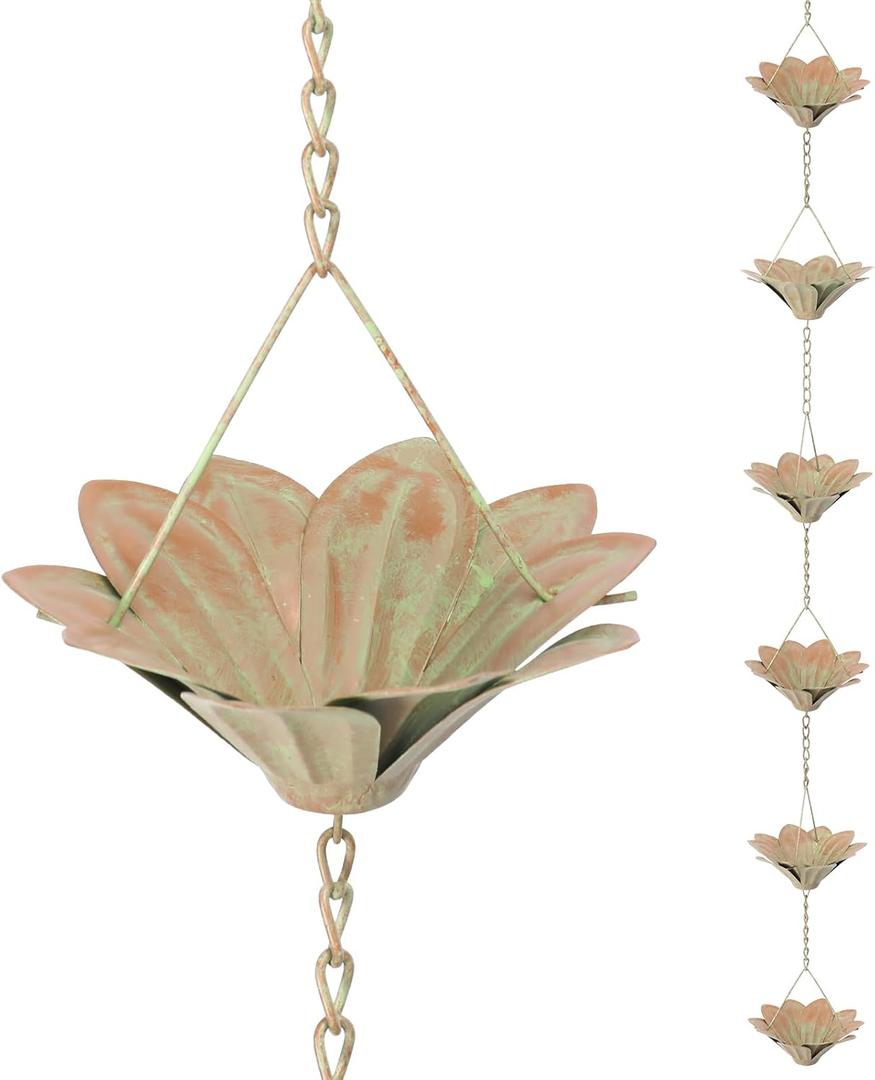 taman Rain Chain Set, 5.6ft Flower Rain Chain for Gutters,Functional and Decorative Replacement Downspout Rain Chain for Outside,Metal Divert Rain Catcher (Bronze)