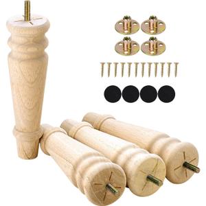 Unfinished Furniture Legs 8 inches Set of 4 Turned Wood Replacement Legs for Dresser Ottoman Chair Bench Solid Round Mid Century Screw in Pre-drilled M8 Bolt