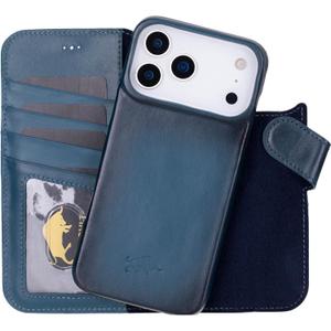 VENOULT Leather Wallet Case for iPhone 17 Pro Max, Full Grain Genuine Leather, Magnetic Detachable, 4 Card Holder, Buesiness Style, Compatible with MagSafe, RFID, Handmade (Admiral Blue)