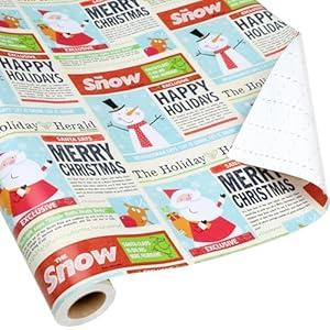 BIOBROWN Vintage Christmas Wrapping Paper Jumbo Roll with Trim Ribbon 30 Inch x 40 Feet (100 sq. ft. ttl.) Holiday News Papers Design Perfect for Christmas, Party, Xmas, Holiday Gift Wrap