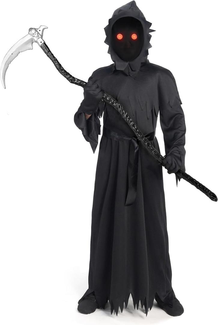 Spooktacular Creations Kids Grim Reaper Costume, Halloween Costumes for Boys, Reaper Outfit with Glowing Red Eyes (XL(12-14yr))