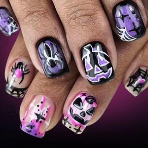 5 x Halloween Press on Nails Short Square Fake Nails with Spider Web Scary Pumpkin Face Glue on Nails Spider Glossy Acrylic Artificial Nails Full Cover Stick on Nails for Women 24 Pcs, (Mix Nails)