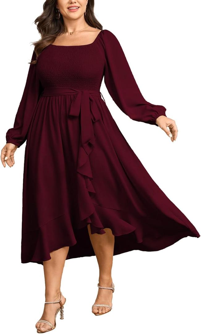 SCOMCHIC Women Plus Size Cocktail Dress Formal Long Sleeve Wedding Guest Smocked High Low Ruffle Dress with Belted (XL)