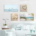 Coastal Wall Art Seascape Artwork: Sea Grass and Starfish on Beach Canvas Painting for Living Room (16'' x 16'' x 2 Panels + 32'' x 16'' x 2 Panels)