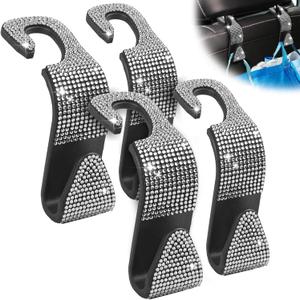 4 x Sparkling Car Seat headrest Hooks, 4 Pack, White Purse Holder for Car Headrest, Chic Automotive Accessories for Women Essentials Handbag Clothes Coats Grocery Bags