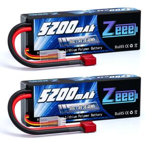 Zeee 7.4V Lipo Battery 2S 50C 5200mAh Lipos Hard Case with T Connector for RC Car Trucks 1/8 1/10 RC Vehicles(2 Packs)