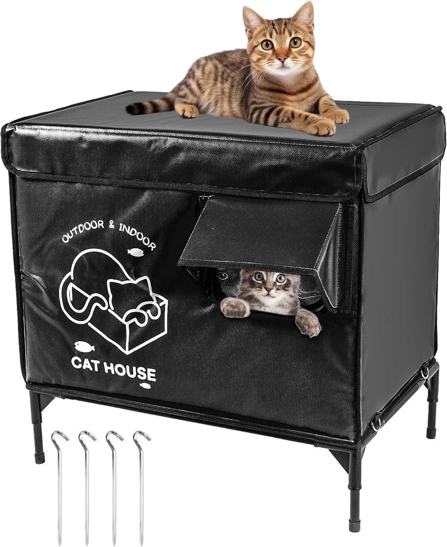 Cat House Outdoor, Indestructible Elevated Feral Cat Shelter Weatherproof with Escape Door,Outside Waterproof Insulated Strayed Cat House for Winter (Black, Large) 15.7"D x 25.6"W x 24"H