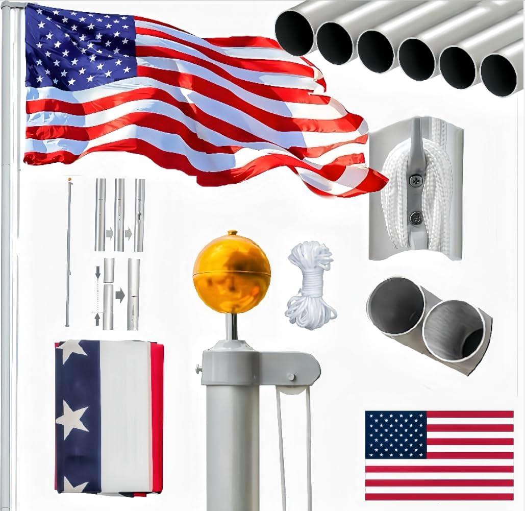 VINGLI Upgraded 20FT Sectional Aluminum Flagpole, Thick Tube Halyard Flag Pole,Kit Free 27~33mph 3'x5' USA American Flag Golden Ball Top Halyard Rope PVC Sleeve,Outdoor Residential Garden Gazebo