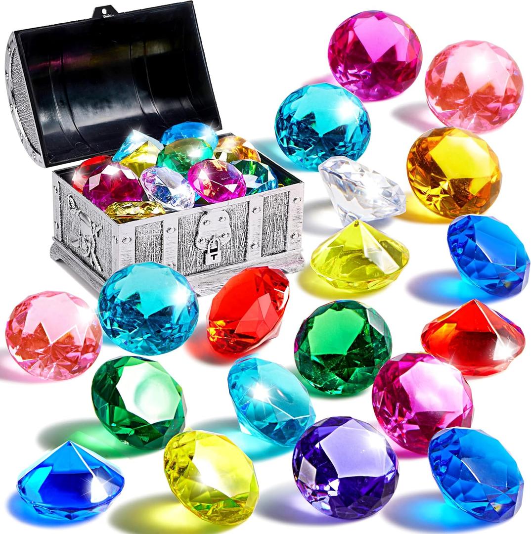 Sloosh Diving Gems Pool Toys,16 Big Colorful Diamond with Pirate Treasure Chest,Swim Dive Toy for Kids Underwater Gemstone Swimming Training Gift Water Toys Pool Games(Silver)