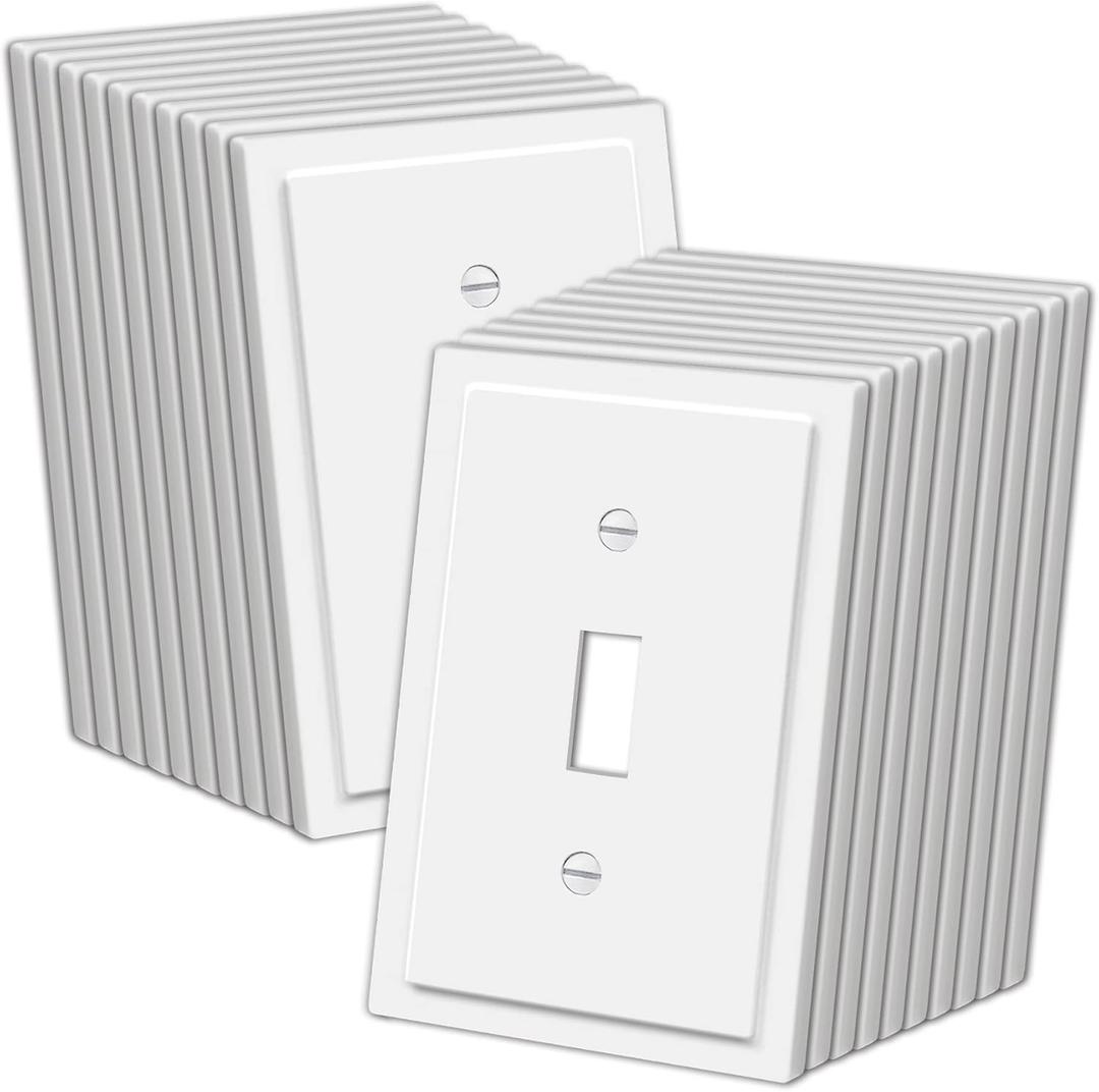 CML White Modern Framed Single Toggle Switch Wall Plate, 20 Pack Decorative 1-Gang Outlet Covers, Impact Resistant Polycarbonate, Standard Size 3.15X 4.87