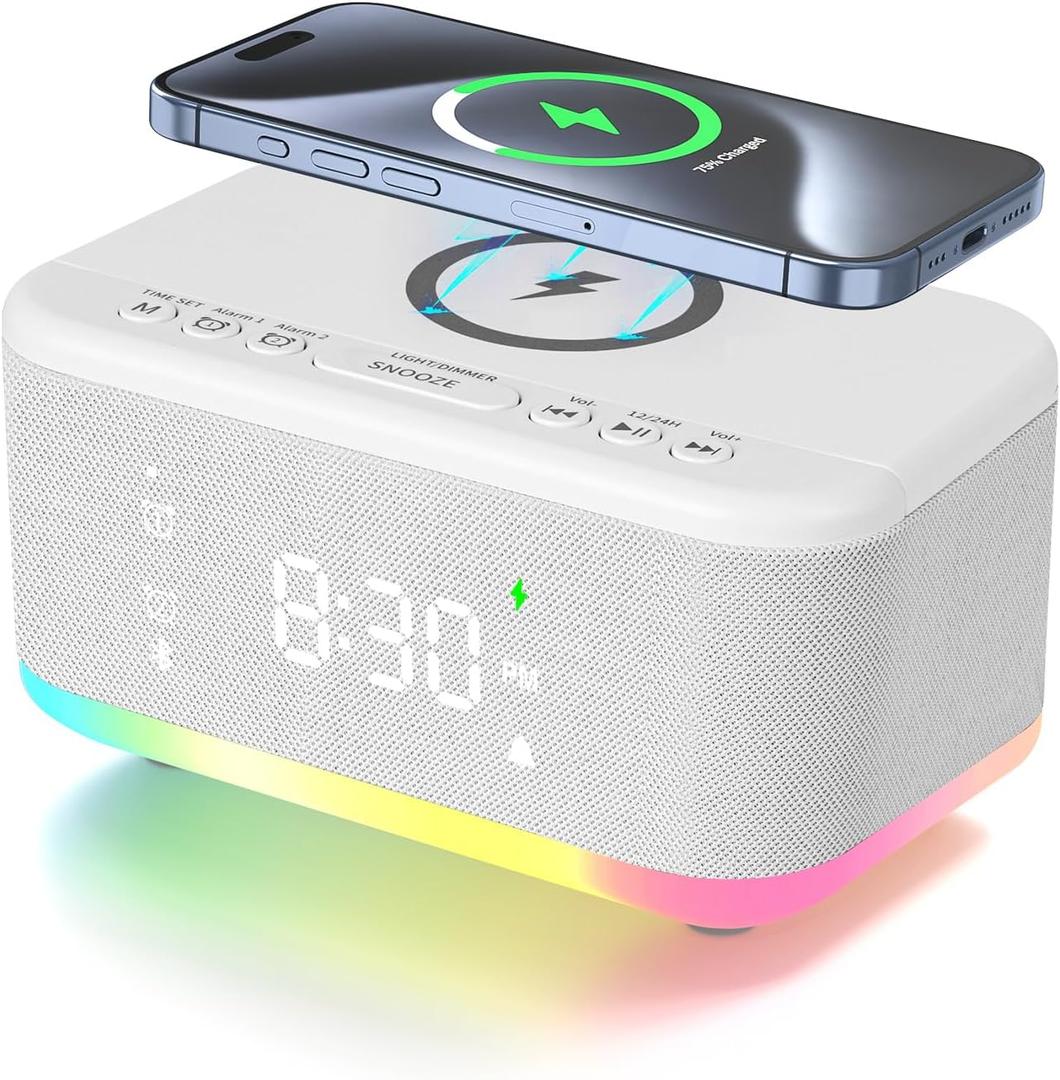 Wireless Charging Alarm Clock Bedroom, Loud Digital Alarm Clocks Bedrooms, Alarm Clock Night Light Speaker 8W Snooze Dual Alarm 12/24H Adjustable Brightness Dimmer Bluetooth, White