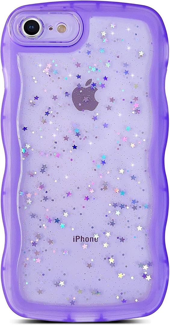 Qokey for iPhone SE & 8/7 Case - Cute Clear Glitter Curly Wave Design, Transparent Bling Shiny Protection Soft TPU Shockproof Phone Cover for Women Girls - Purple
