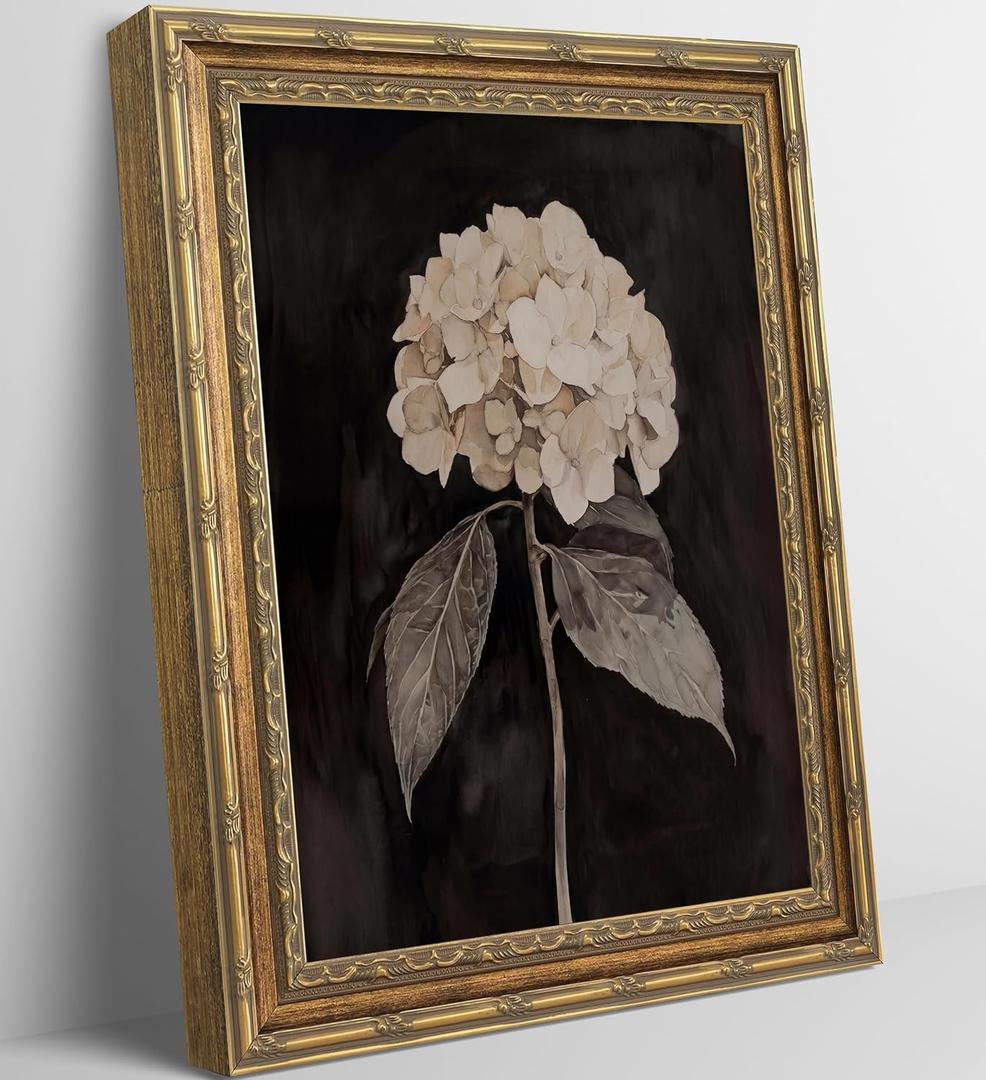 Vintage Gold Framed Hydrangea Wall Art, Moody Sepia Hydrangea Print on Dark Background Canvas, Dark Academia Floral Wall Decor for Living Room, Bedroom, Bathroom, 16x24 in