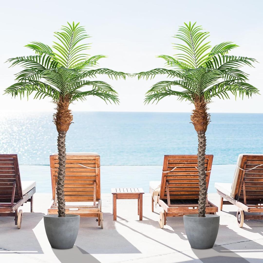 7ft Tall Artificial Phoenix Palm Tree for Outdoor Indoor Decor, Large Faux Coconut Silk Palm Tree Tropical Fake Tree Perfect for Outside Patio Poolside Home Office Decor (Set of 2)