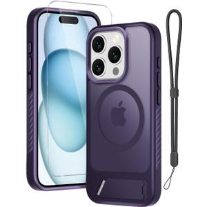 RMOCR for iPhone 15 Pro Case with Screen Protector+Lanyard Wrist Strap,Magnetic Translucent Matte Rugged Slim Phone Cover Built in Invisible Kickstand [Fit for MagSafe],Purple