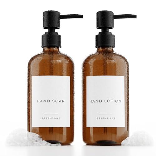 Stylish Soap Dispenser Set of 2 for Kitchen Or Bathroom - Quality 21oz Dish and Hand Soap Dispensers - Extra Durable Amber Dispensers Perfectly Enhance Your Bathroom Or Kitchen