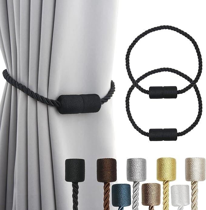 Porlau 2 Pack Beige Strong Magnetic Curtain Tiebacks Outdoor Elegant Decorative Tie Backs Modern Rope Tiebacks for Drapes Window Curtain Holdbacks for Draperies, Black 