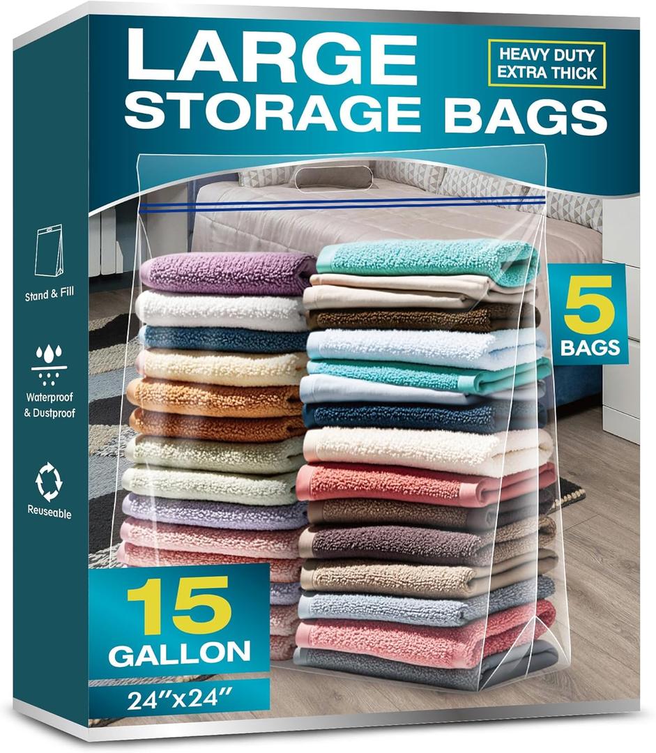 15 Gallon Large Storage Bags, 3.5 Mil Thick Clear Plastic Zipper Bags with Handles, 24" x 24" Large Heavy Duty for Home, Travel, and Moving (5 Packs)