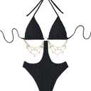 WDIRARA Women's Chain Linked Cut Out Halter One Piece Swimsuit (Black, L)