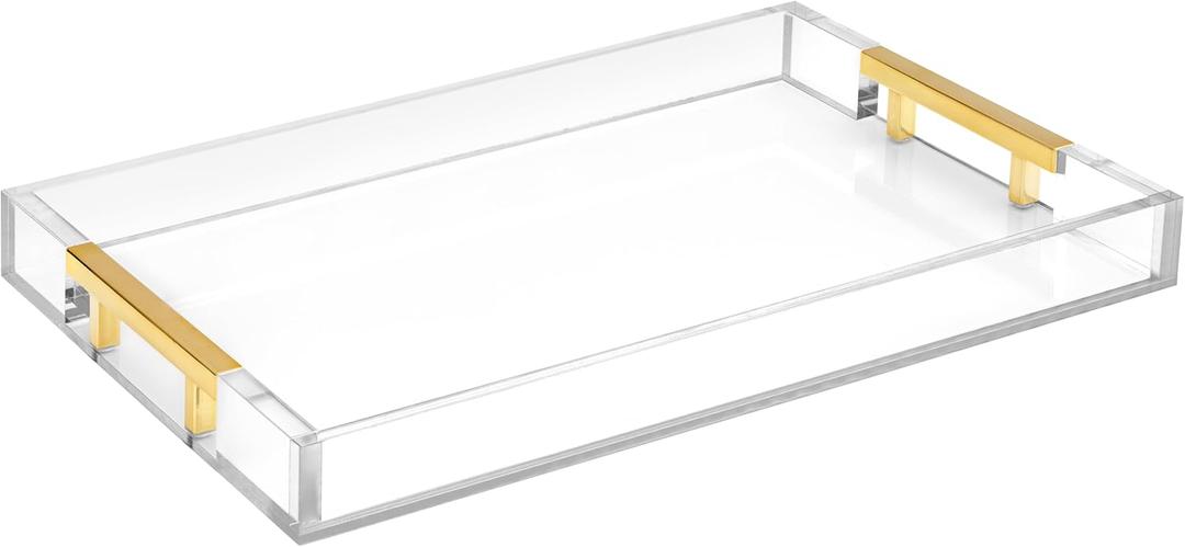 Modern 16"x12" Rectangle Acrylic Lucite Plastic Decorative Serving Tray with Gold Polished Stainless Steel Metal Handles Home Decor Ottoman Coffee Table Makeup Perfume Display Vanity By Home Redefined