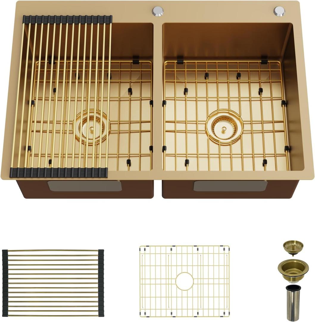 Gold 50/50 Double Bowl Kitchen Sink, 33"x 22" Stainless Steel Drop In Kitchen Sink Gold Topmount Sink With Gold-tone Accessories-Rack,Grid And Drain Assembly Add Luxurious Look For Modern Kitchen, 33x22x9 inches