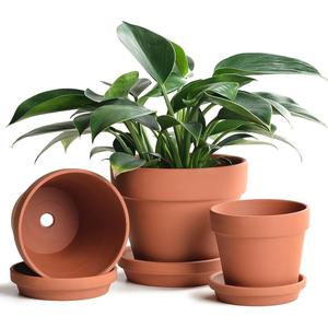 INGOFIN Terracotta Pots Set with Saucer - 5/7 Inch Ceramic Clay Planters with Drainage Hole, Garden Flower Succulent Pots with Tray for Indoor Outdoor Plants, Set Of 2