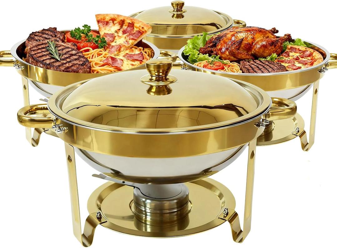 6QT Gold Chafing Dishes for Buffet, 304 Stainless Steel Food Pan with Lid, Round Chafing Dish Buffet Set of 4 Pack Food Warmer, Food Warmers for Parties Buffet Catering Events Dinners