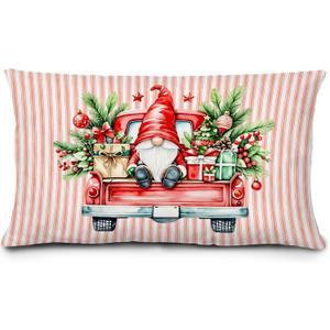 Red Stripes Christmas Gnome Pillow Covers 12x20 Inches,Red Truck Christmas Decor for Bedroom Living Rooms,Vintage Farmhouse Holiday Xmas Lumbar Cushion Covers for Couch Bed