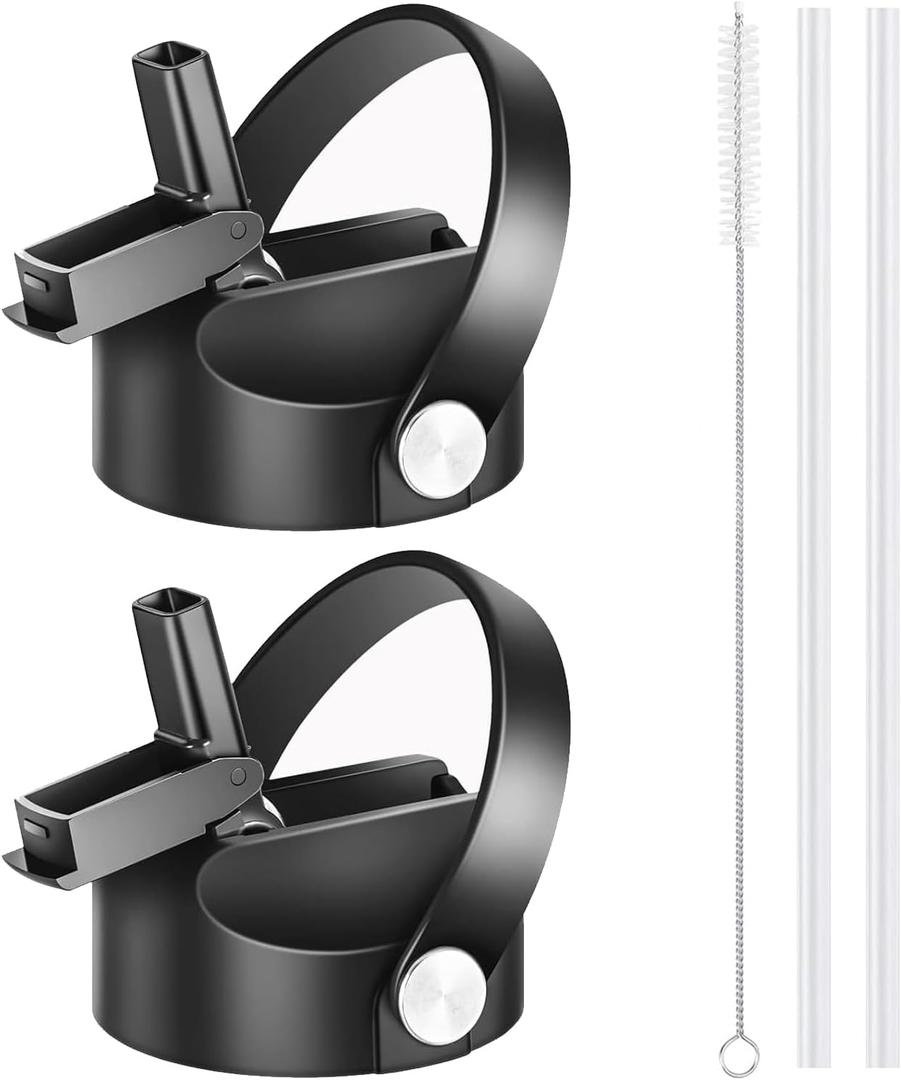 SENDESTAR Straw Lid for Hydroflask Wide Mouth Water Bottle with 12,16,18,20,24,32,40,64 oz, Auto Flip Straw Top Cap fit Most Wide Mouth Bottles, Sports Cap Water Bottle Accessories Top Replacement (Black  2 pack)