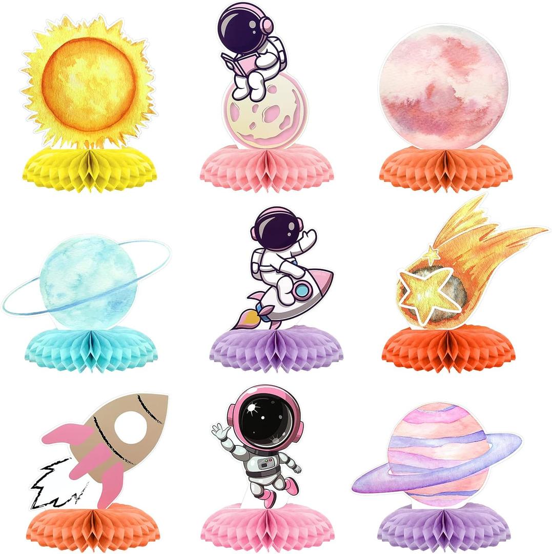 Lincia 9 Pcs Outer Space Honeycomb Centerpieces Two the Moon Birthday Party Decorations Girls Space Themed Honeycomb Table Centerpieces for Galaxy Planet Astronaut Party Supplies