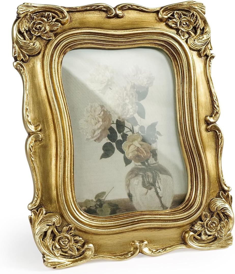  5x7  Picture Frame Vintage Gold Frames, Ornate Antique Floral Photo Frame with Glass Front for Wall Hanging and Tabletop Display, Gift Ideas, Home Decor