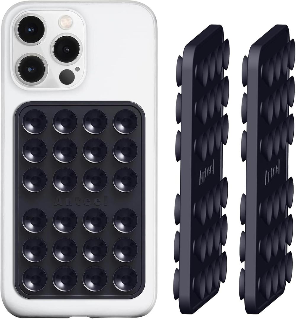 Anteel Double-Sided Silicone Suction Phone Case Mount, Enhanced Suction Cup Power and Thickened Grip for Selfies and Videos, Durable, Hands-Free Non Slip Accessories, 2.36"x3.66" (BLK&BLK)