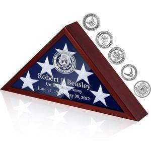 Personalized Flag Display Case for 5'x9.5' Burial Flag, Custom DIY Stickers Self-Adhesive for Your Own Texts on Glass Front, Sliver Words and Logo, Mahogany Wood Flag Holder Shadow Box for Veterans