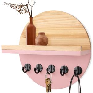 Pink Key Holder for Wall with Shelf - Wood Mail Organizer and Rack with Shelf Hooks Wall Mounted for Entryway Decor Magazines Letter Storage Farmhouse Living Room Bedroom Doorway