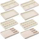 Inbagi 8 Pcs Small Velvet Jewelry Trays Stackable Drawers Organizer Inserts Divided Display Trays for Earring Ring Necklace, Beige