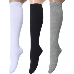 Leotruny 3 Pairs Women's Cotton Opaque Knee High Socks (C06-3 Pairs White Black Gray)