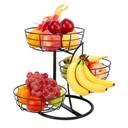 Livabber Fruit Basket Bowl with Banana Hanger, Fruit Vegetable Storage Basket with Banana Tree Holder for Kitchen Counter, Detachable Organizer for Bread Snack Produce (Black, 3-Tier Metal Base)