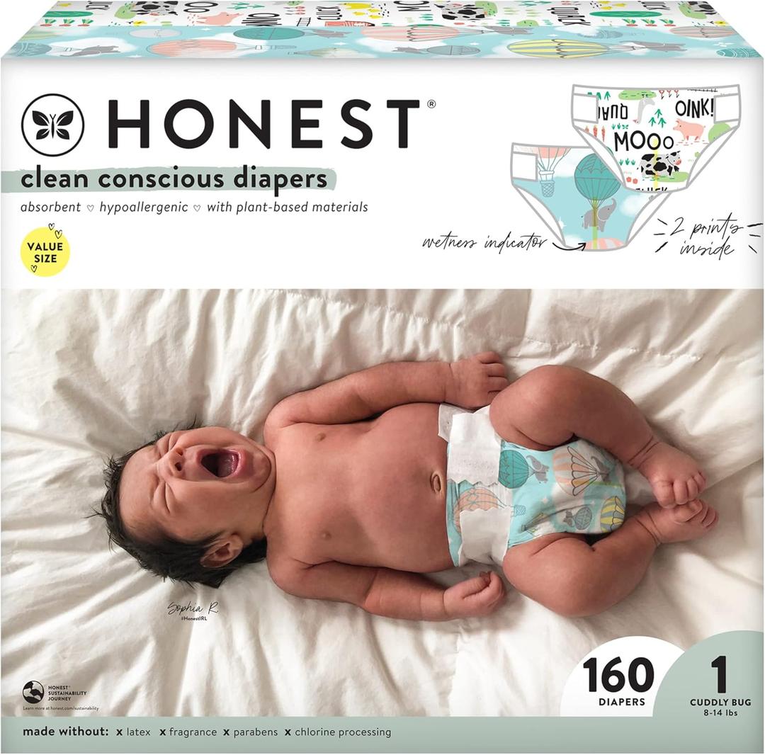 The Honest Company Clean Conscious Diapers | Plant-Based, Sustainable | Above It All + Barnyard Babies | Super Club Box, Size 1 (8-14 lbs), 160 Count