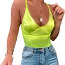 Velius Women's Sexy Metallic Shiny Bodysuit Tank Tops for Night Club Going Out (Large, Neon Yellow)