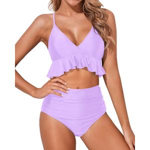 Tempt Me Women Two Piece Swimsuits High Waisted Bikini Set Ruffle Flounce Tummy Control Bottoms Bathing Suit (XL, Lavender Purple)