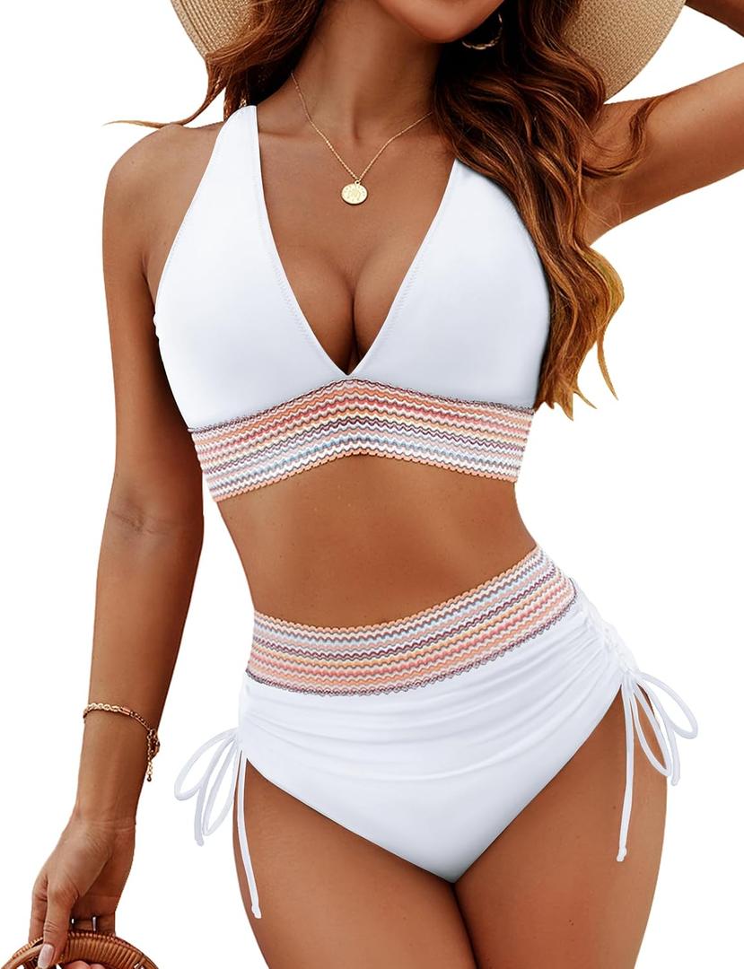Blooming Jelly Women High Waisted Bikini Sets Tummy Control Swimsuits Color Block Two Piece Drawstring Bathing Suit (Medium, White)