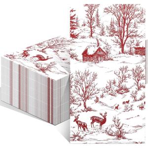 100 Pcs Christmas Toile Napkins Disposable Red Christmas Guest Napkins Xmas Toile De Jouy Style Paper Hands Towels for Home Party Bathroom Holiday Decorations, 4.3 x 7.9 Inch