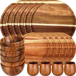 Maxdot 24 Pcs Acacia Wood Dinnerware Set, Round Wooden Plates, Solid Wooden Bowls and Tea Cups, Acacia Wood Tableware Supplies, Lightweight for Dishes Snack, Dessert, Set for 4