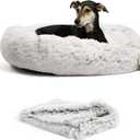 Best Friends by Sheri Bundle Set The Original Calming Shag Donut Cuddler Cat and Dog Bed + Pet Throw Blanket, Frost, Large, 36x36 (36.0"L x 36.0"W x 9.0"Th, Frost Shag)